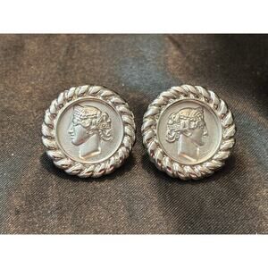 Monet Silver Tone Roman Coin Medallion Earrings Rope Border Vintage